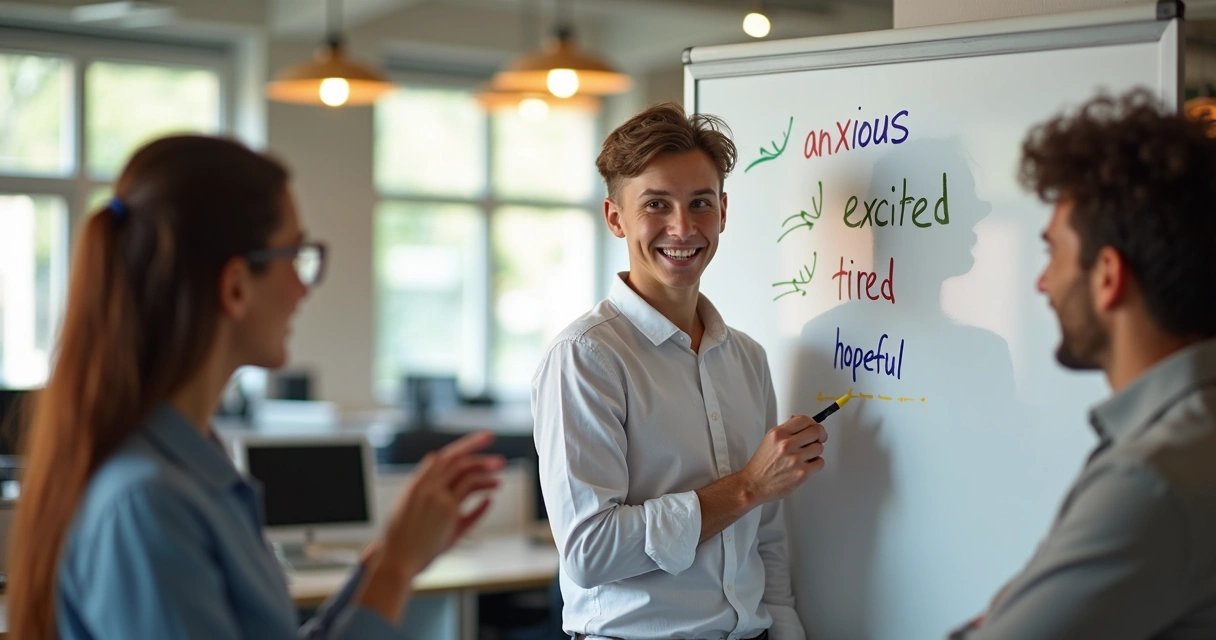 Employee writing emotions on whiteboard at office