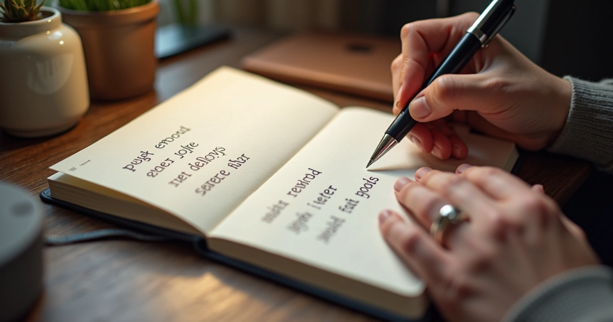 Notebook with emotion words written, pen and hands ready to write 