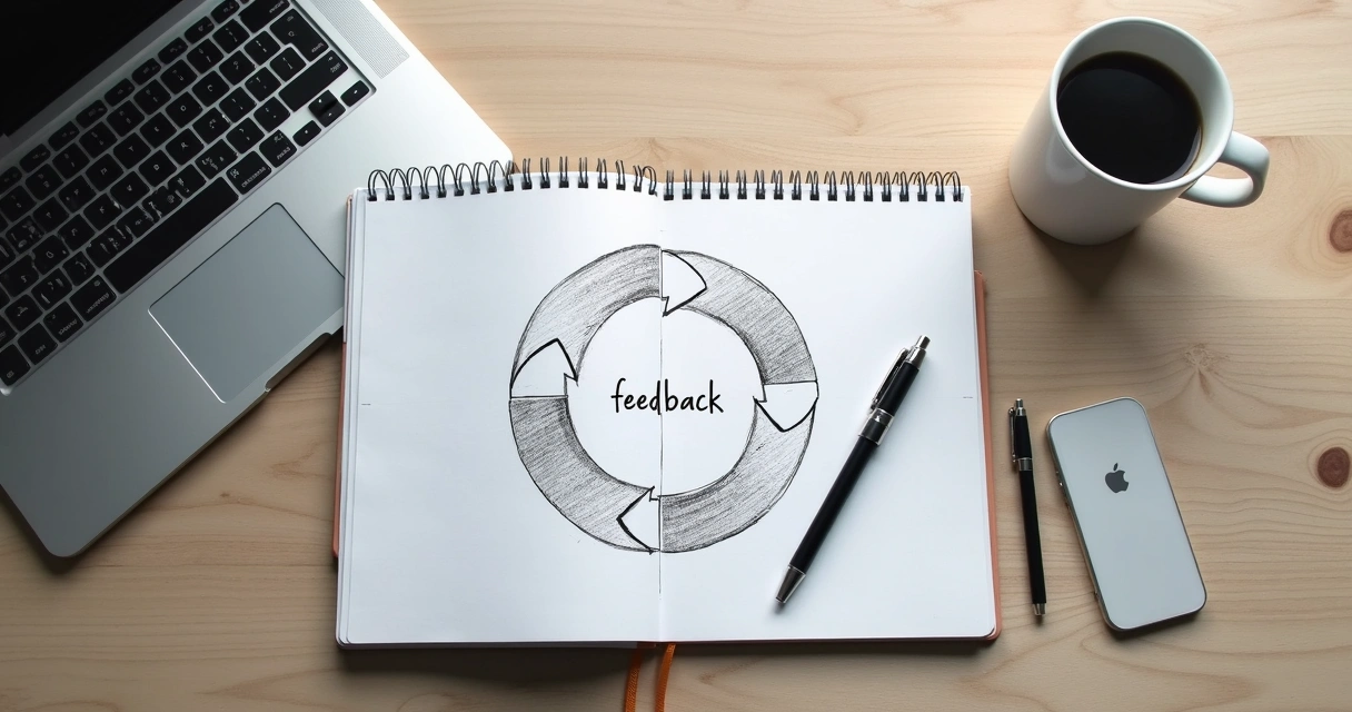Notebook with emotion cycle notes beside coffee on a work desk 