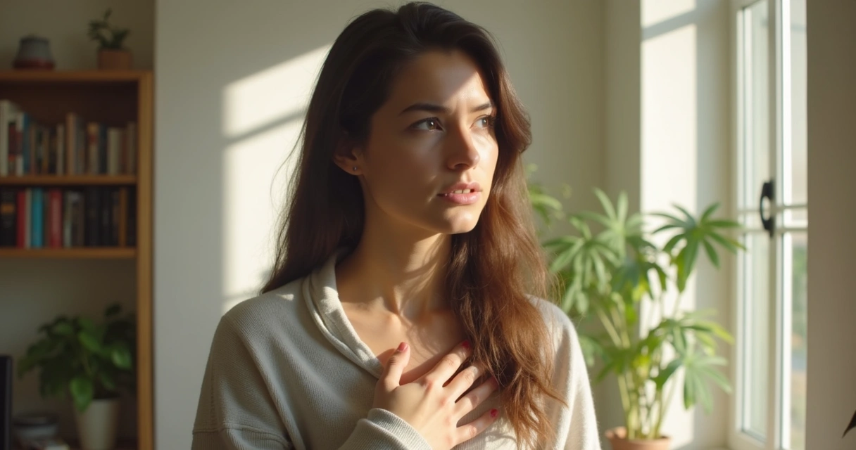 Person placing hand on chest, looking thoughtful, with subtle body language cues of emotion 