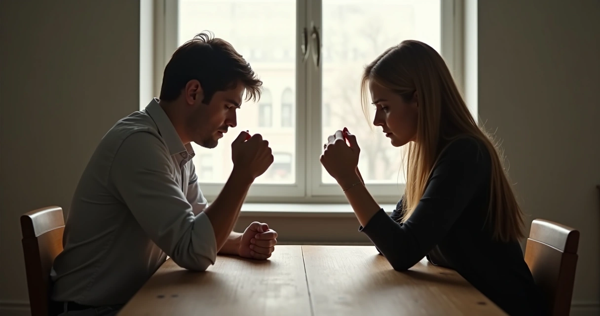 Two people facing each other at a table, body language showing tension, with subtle expressions of sadness and frustration on their faces 