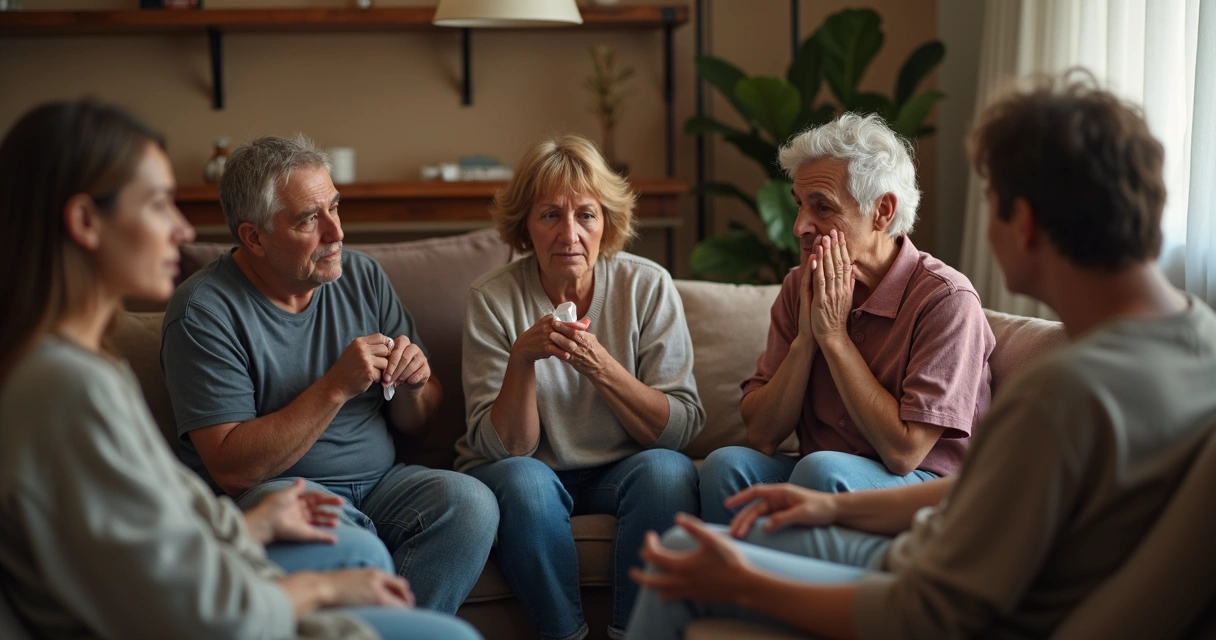 People sharing emotional stories in a healing group 
