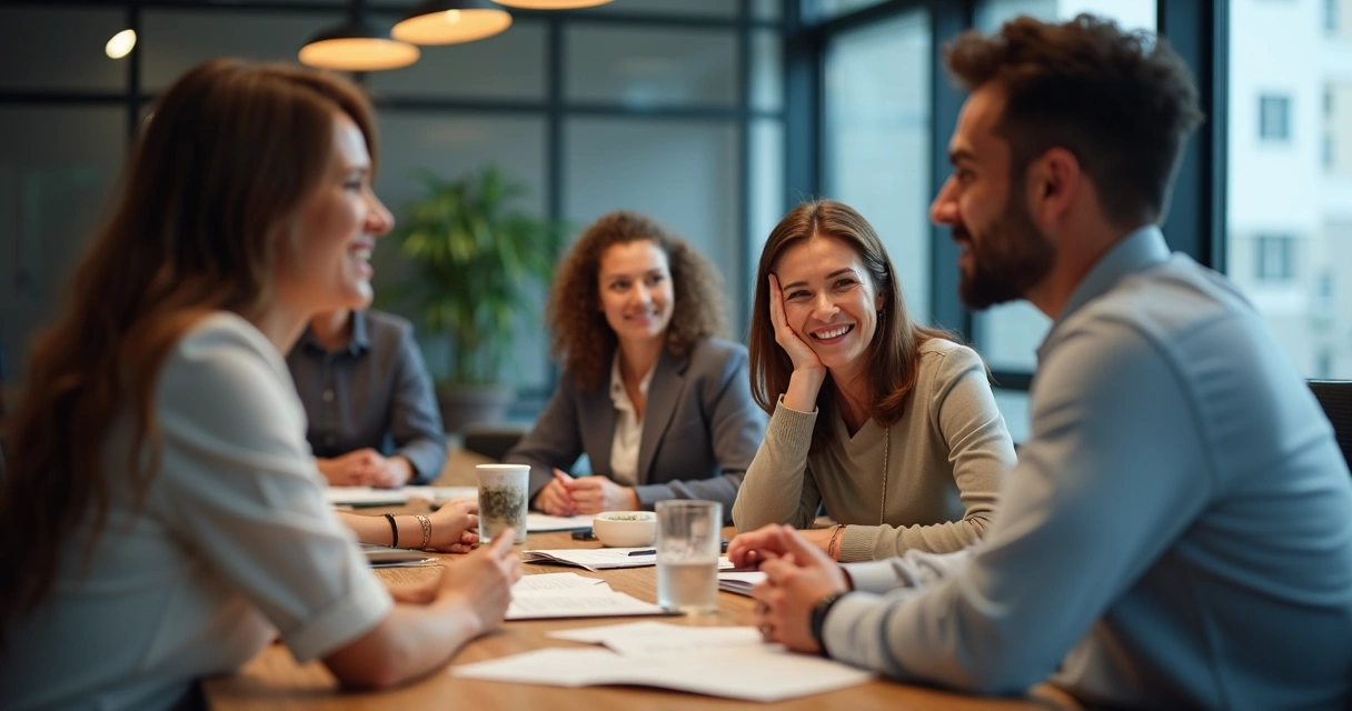 Team leader sitting at a table with coworkers, various emotional expressions among the group 