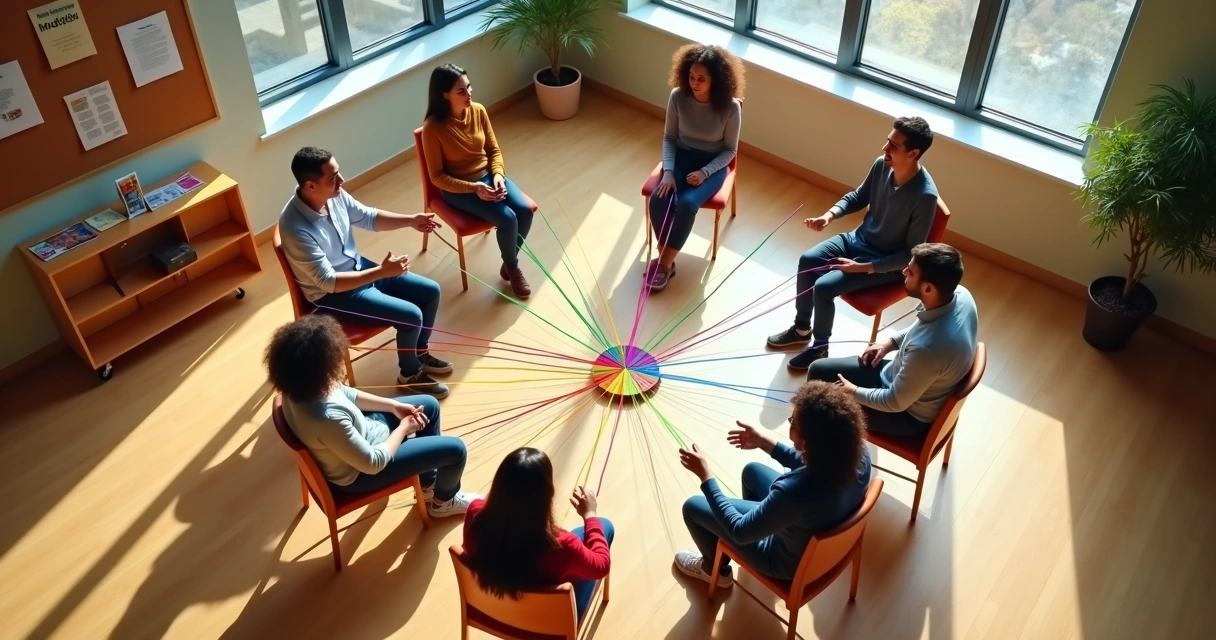 Top view of diverse people in a circle linking colored threads between them 