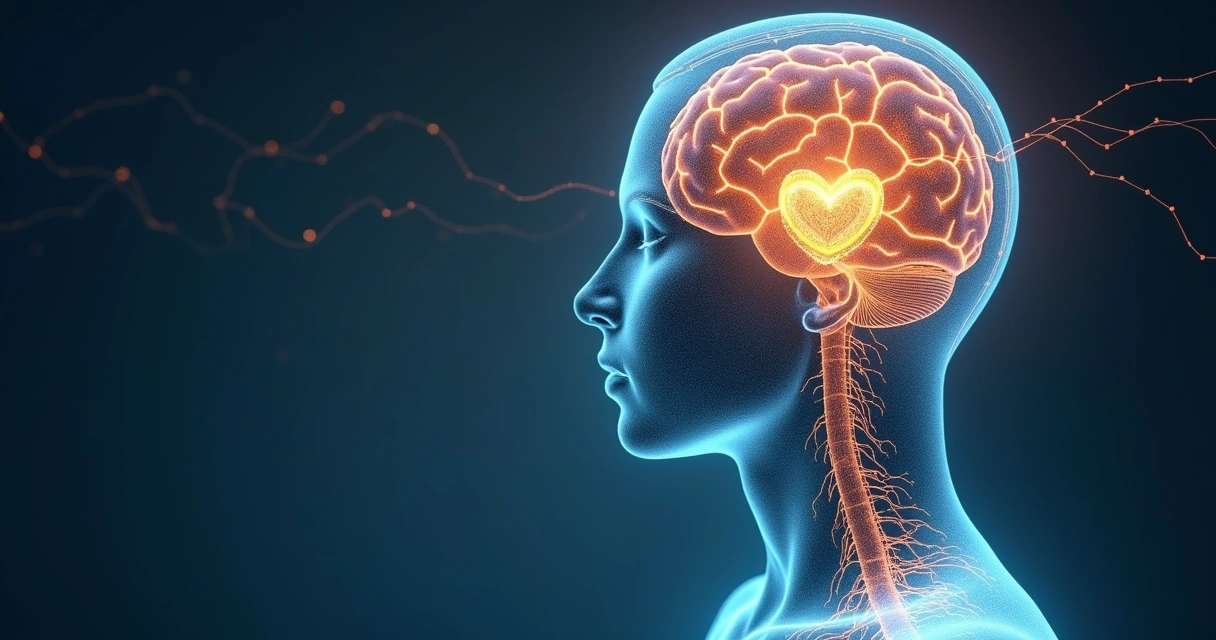 Artistic scene showing a human silhouette with heart and brain glowing in harmony.