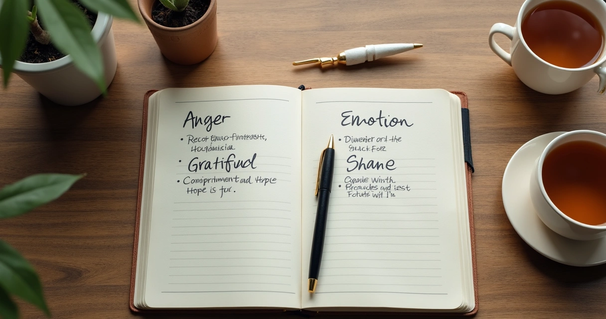 Open journal with emotion words on a desk