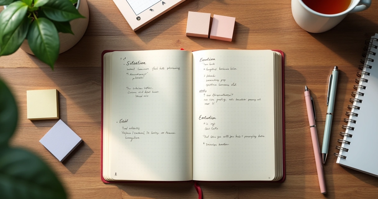 Open journal with emotion notes and color markers on a desk 