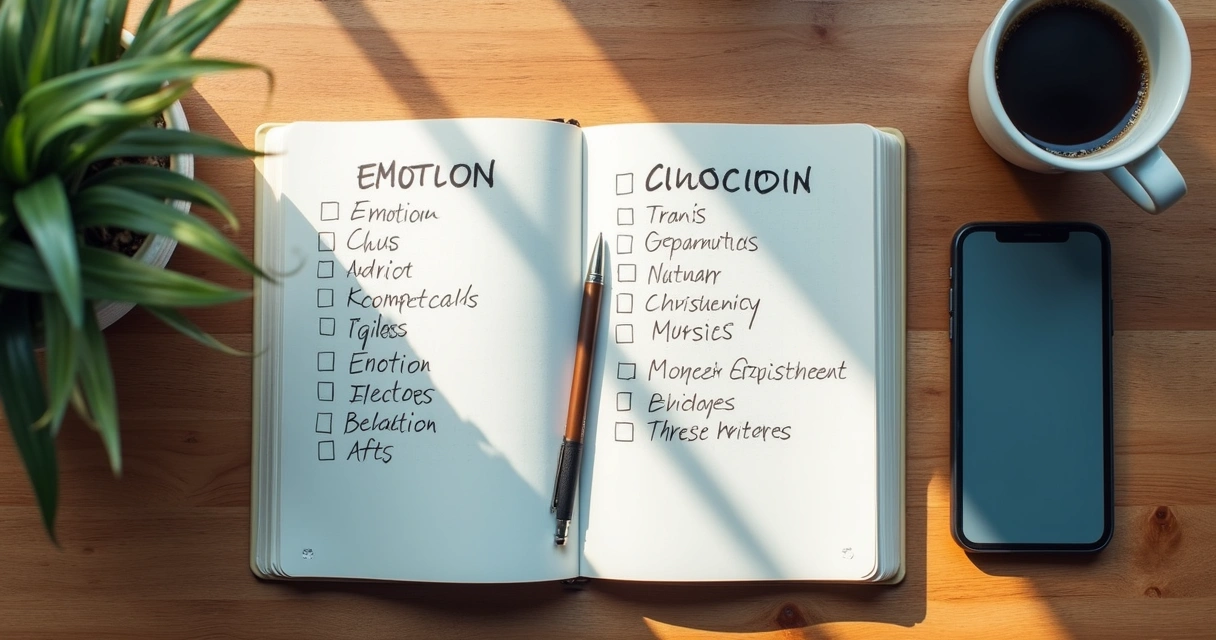 Notebook with emotion words beside coffee and phone on a desk 