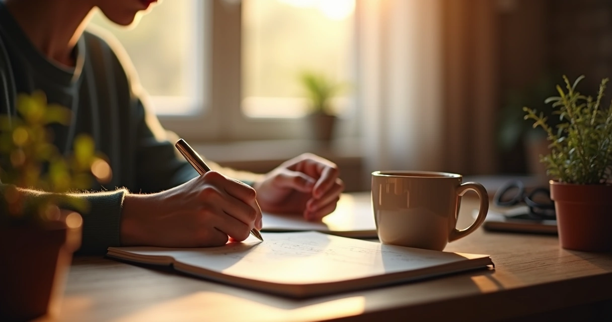 Hands writing in a journal with a calm expression, cup of tea nearby