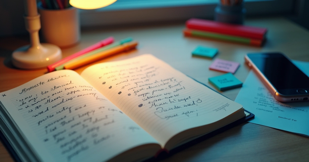 Open journal with emotion words and colored pens
