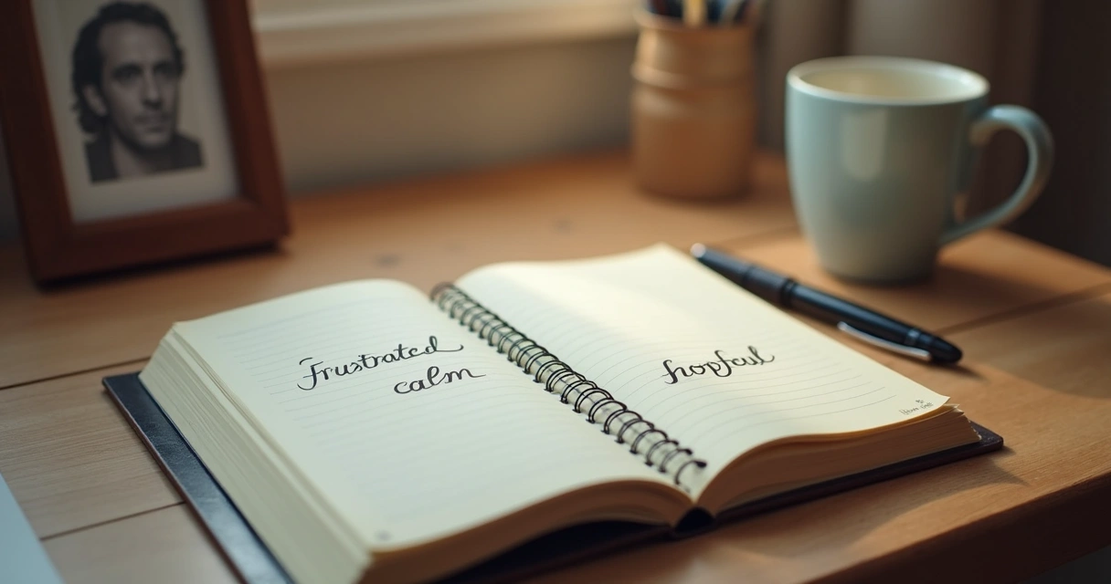 Open journal with emotion words and pen on desk 