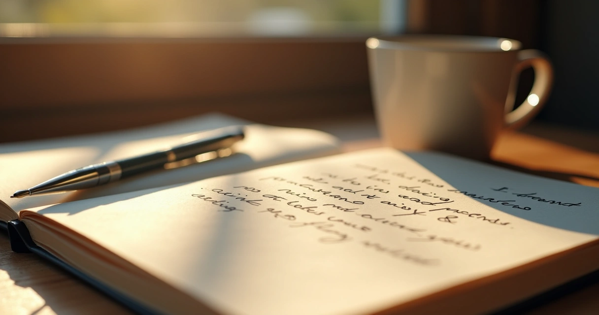 Open journal with handwritten notes, pen, coffee mug nearby, soft natural light 