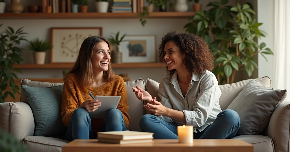 Two people talking, one thoughtful, one expressive 