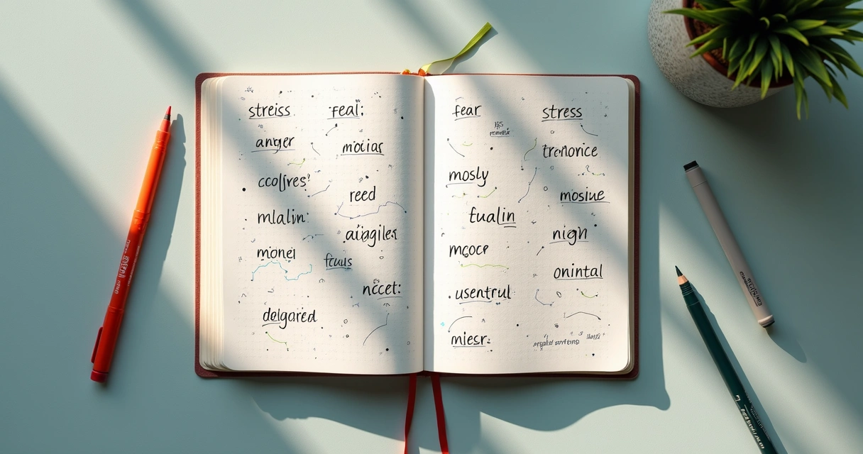 Notebook page with emotion words connected by lines 