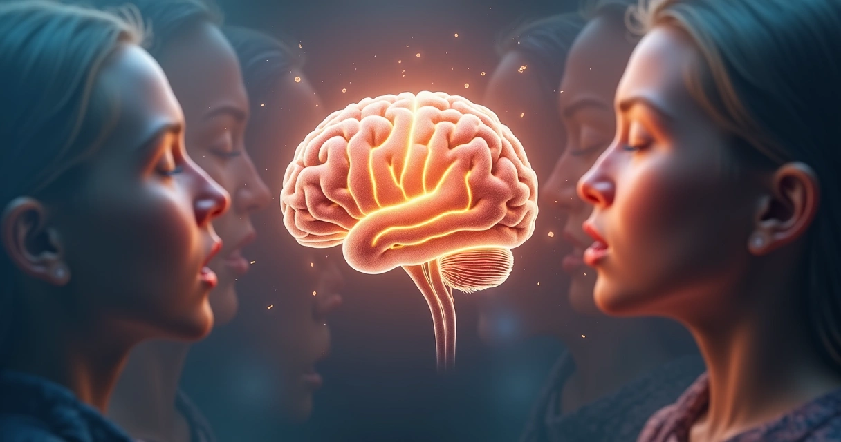 Brain surrounded by blurred faces and moving emotions 