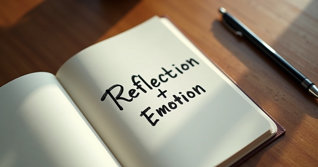 Open journal and pen on a wooden table with words reflection and emotion visible on pages 
