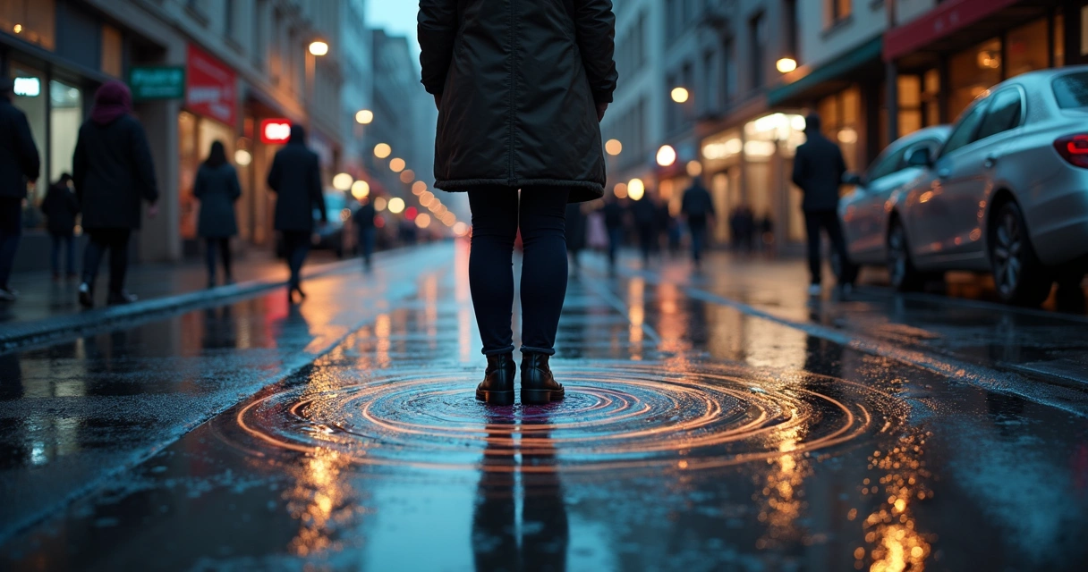 Person on rainy city street with colored ripples spreading from their feet 