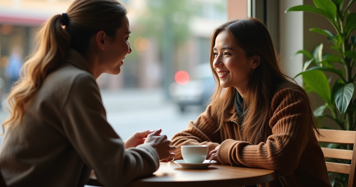 Two friends discussing emotions across a café table