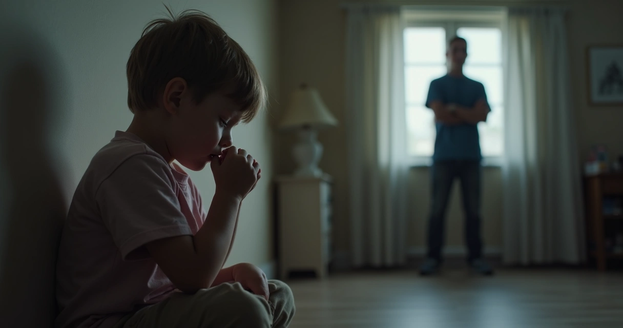 Child holding emotions back, sitting in a quiet corner, adult in background