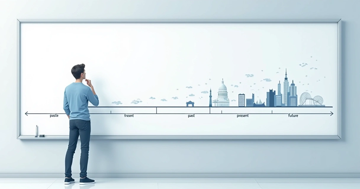Person looking at a horizontal timeline with past, present, and future moments marked