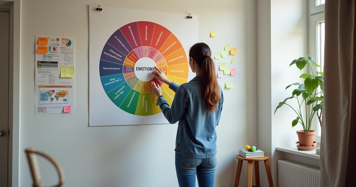 Person looking at an emotional wheel chart on a wall