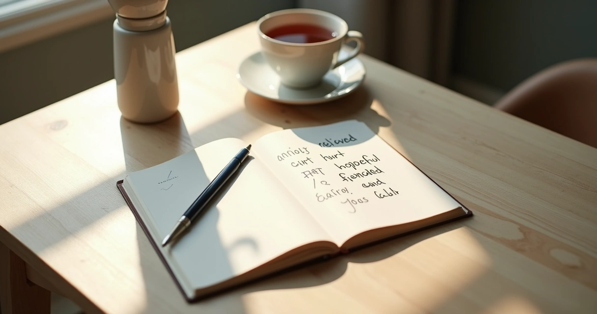 Open journal with emotion words written beside a cup of tea