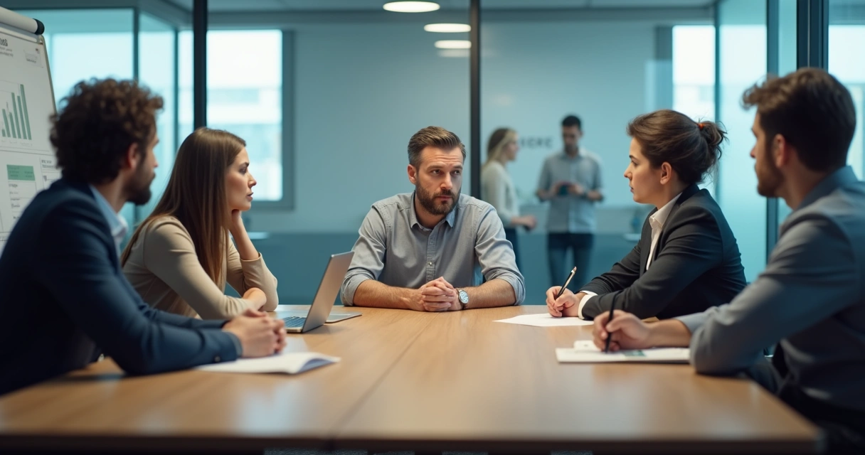 Manager and employee in tense meeting avoiding emotional accountability at work 