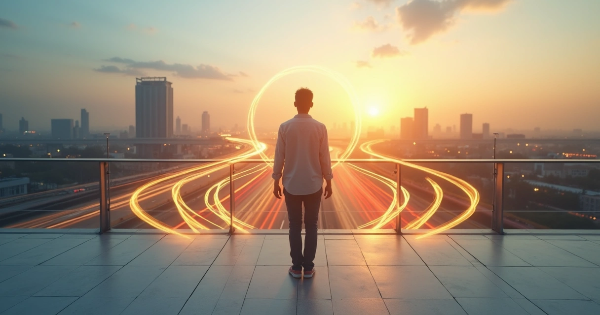 Person standing at a crossroads with city motion trails and calm natural light 