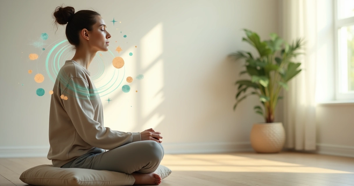 Person sitting calmly with flowing abstract shapes around the head 