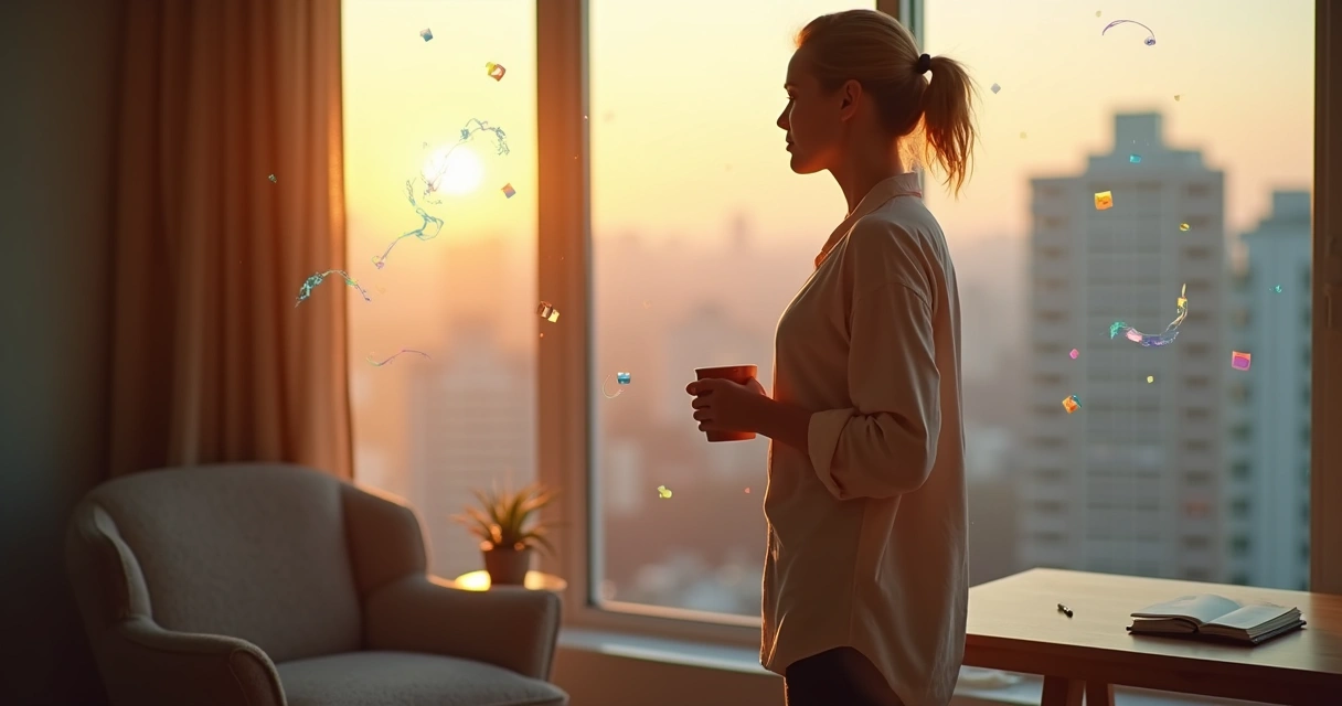 Person calmly observing city through window with abstract emotions around 