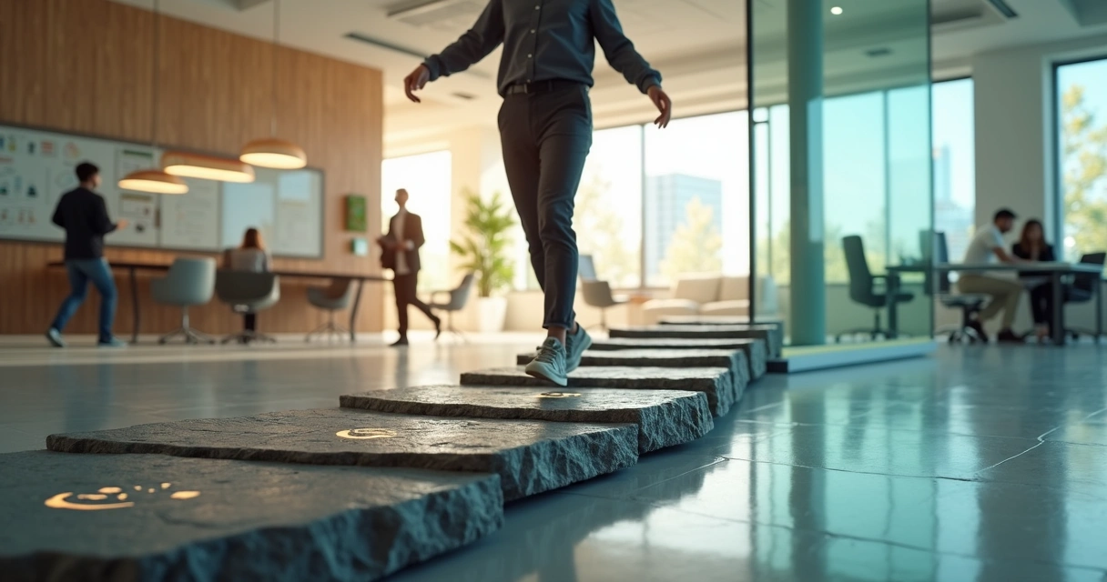Professional balancing on shifting office stones with flexible bridge ahead 