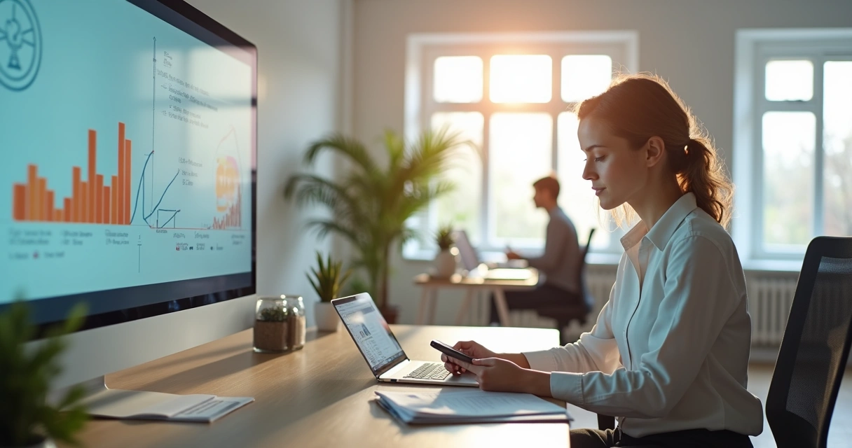 Professional adapting to workplace changes with flexible mindset visuals around 