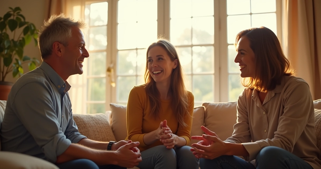 Three people in discussion, gestures and facial expressions matching, appearing comfortable and open 