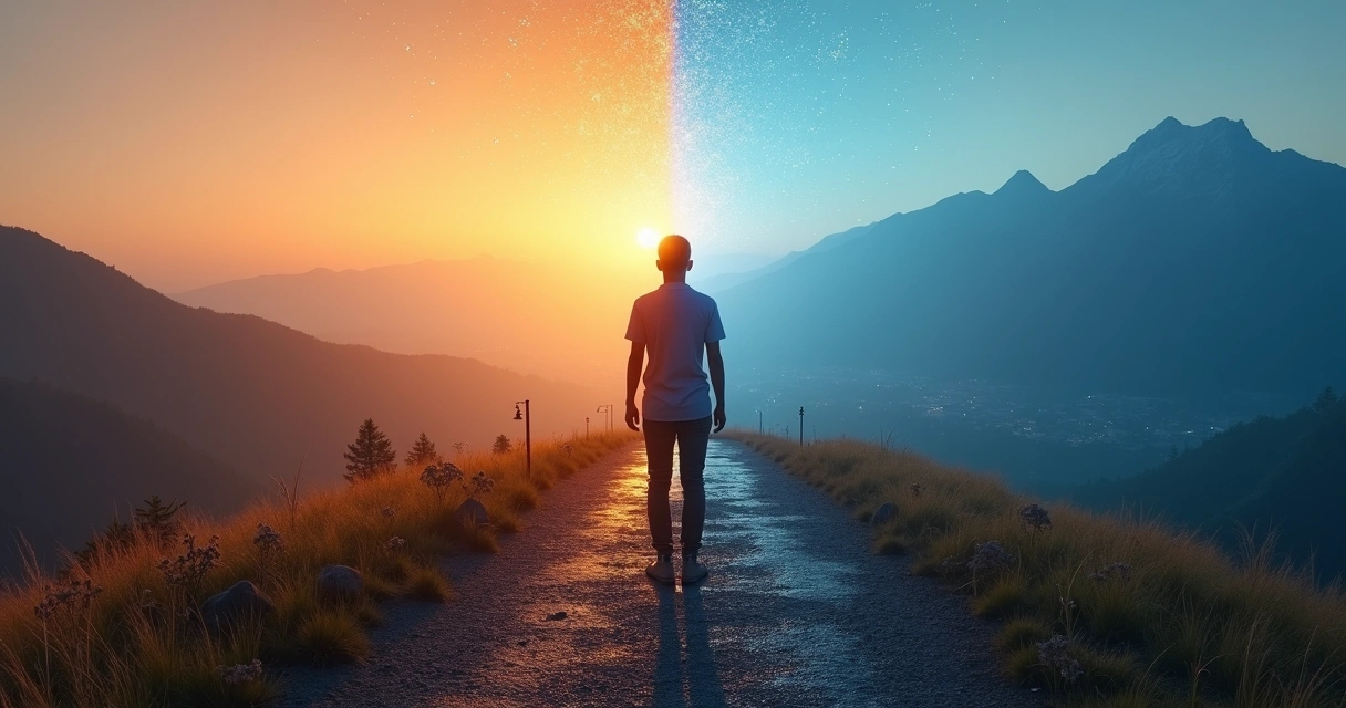 Person split between two paths symbolizing emotional ambivalence and motivation 