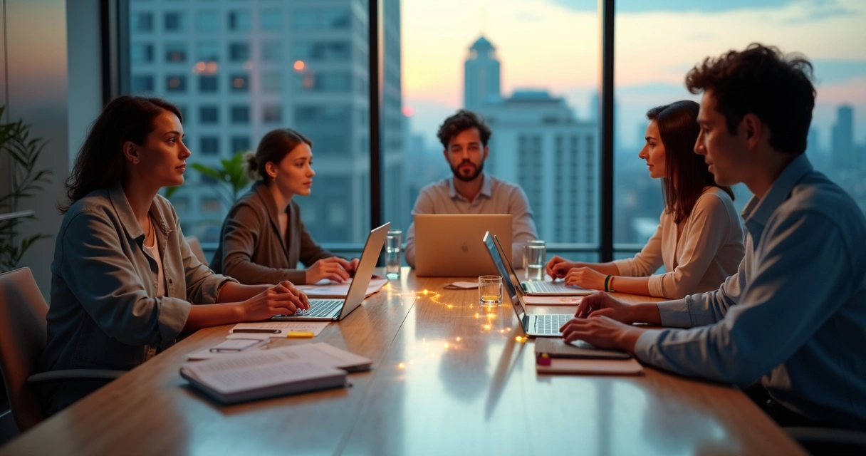 Team in meeting room with glowing emotional symbols under the table 
