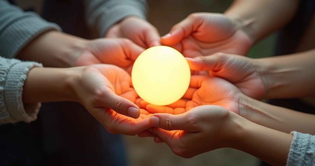 Hands passing a glowing sphere representing shared emotion