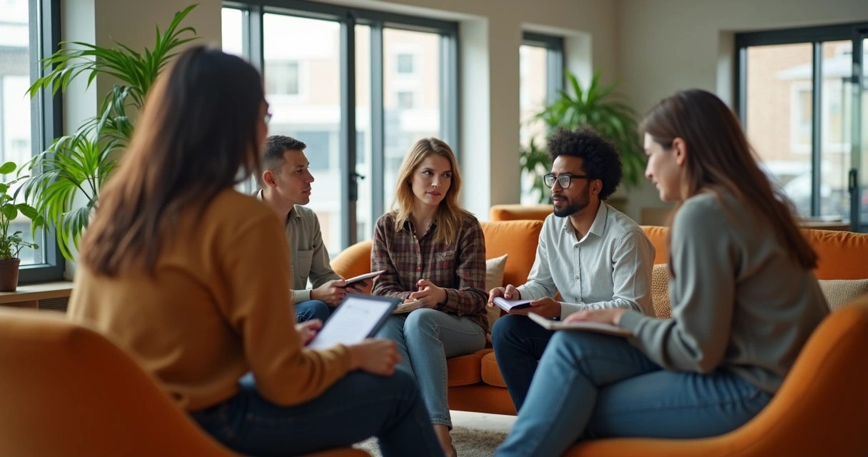 Coworkers discussing emotional climate in an open office.