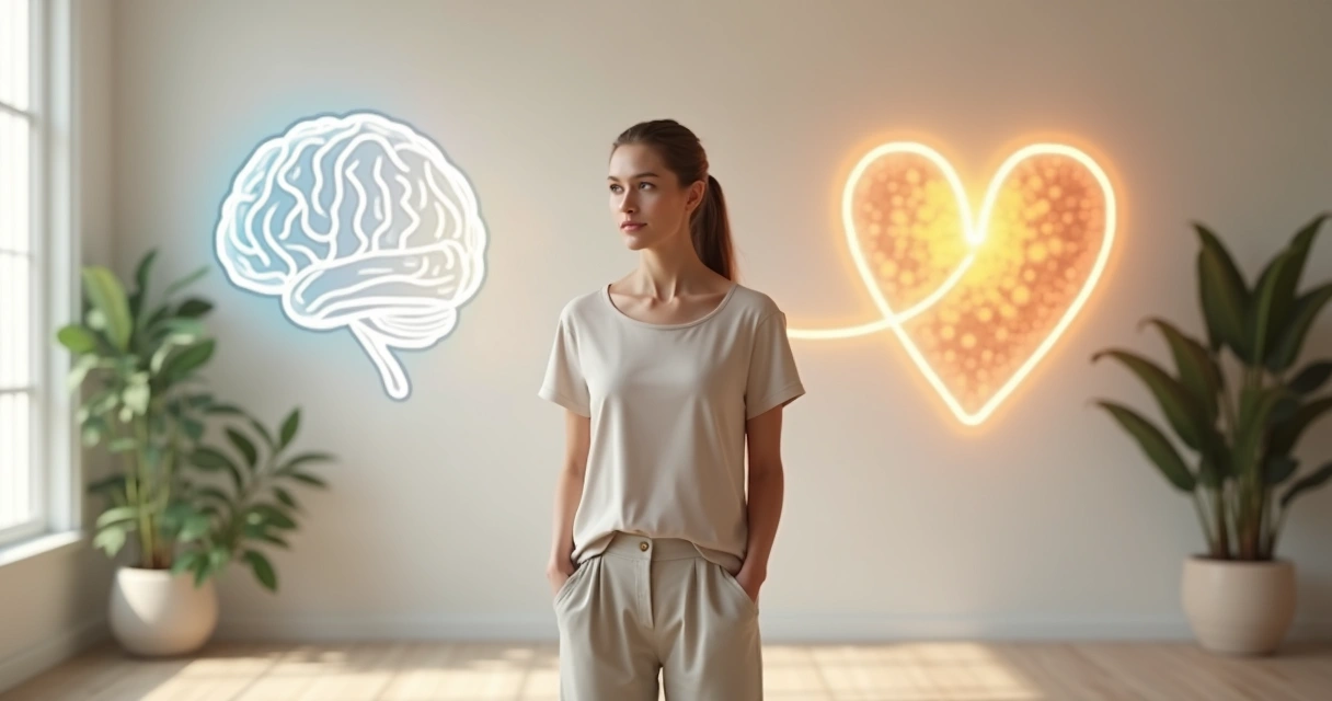 Adult standing confidently between mind and heart symbols 