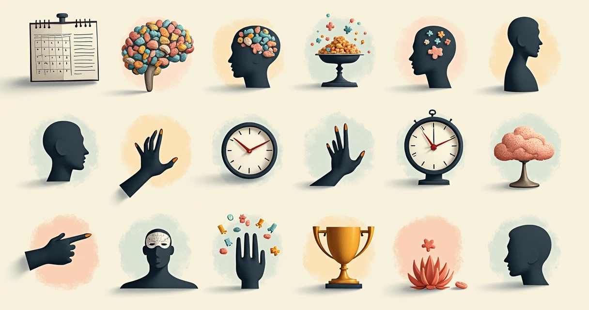 Twelve symbolic illustrations representing different emotional avoidance patterns 