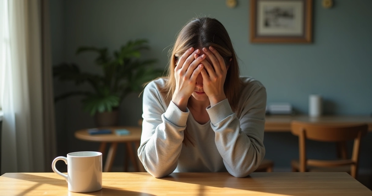 Hands cover a person's face while sitting at a table, avoiding eye contact 