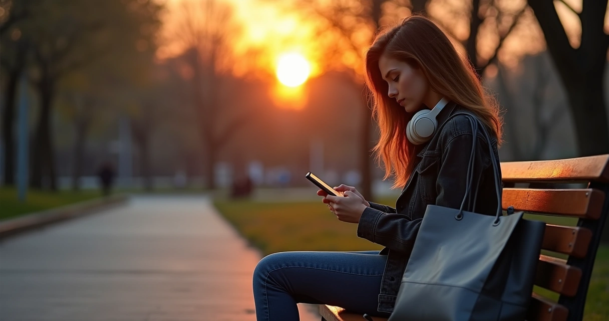 Person split between facing emotions and distracting with phone on a city bench 