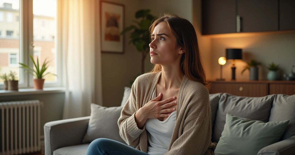 Woman looking away thoughtfully, hand on chest, subtle discomfort in modern living room