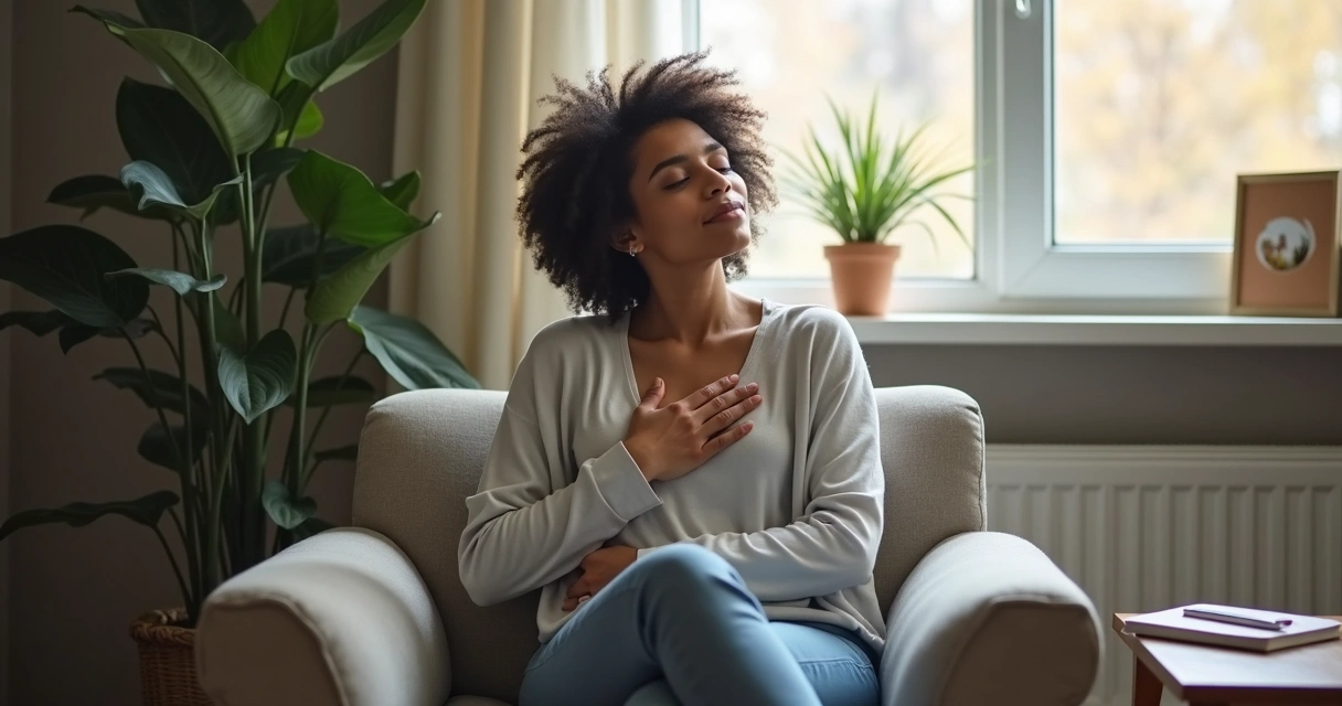Person pausing with hand over heart in a calm modern room 