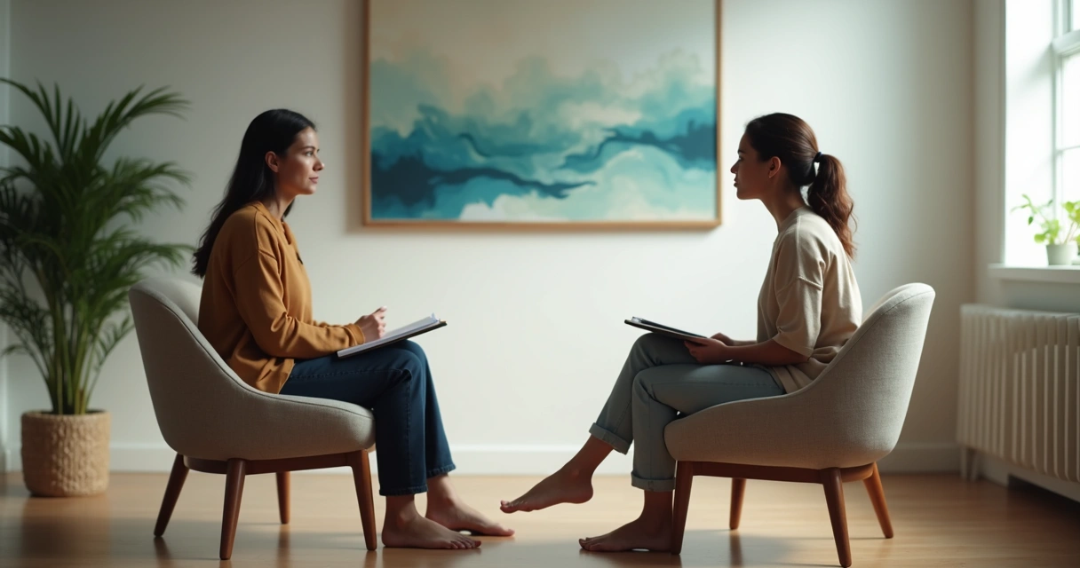 Coach and client facing each other in a calm room, both reflecting quietly 