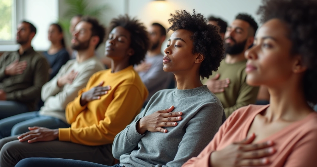 People in a circle, some with closed eyes, each focusing on individual feelings.