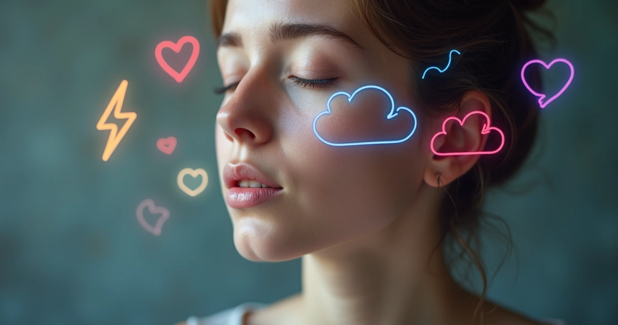 Human face overlaid with visual symbols of emotions and thoughts