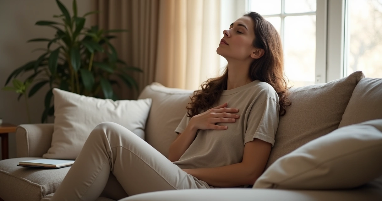 Person sitting on a sofa, eyes closed, hand on heart, reflecting quietly in a calm living room