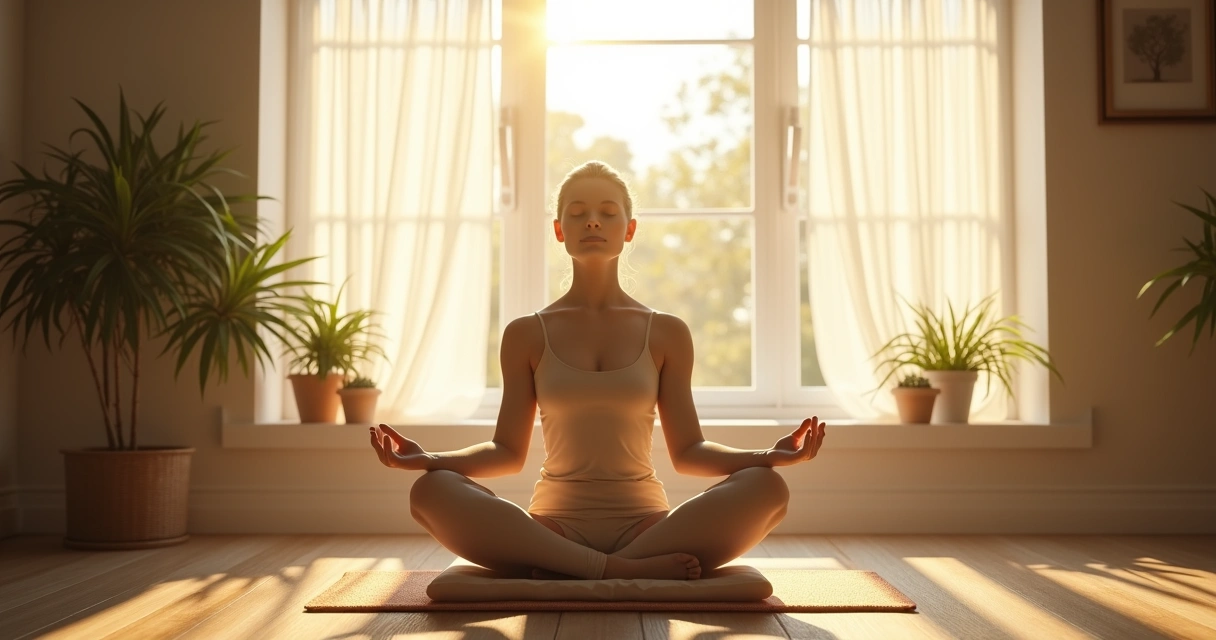 Person sitting quietly with closed eyes, focusing on their breath in a peaceful room