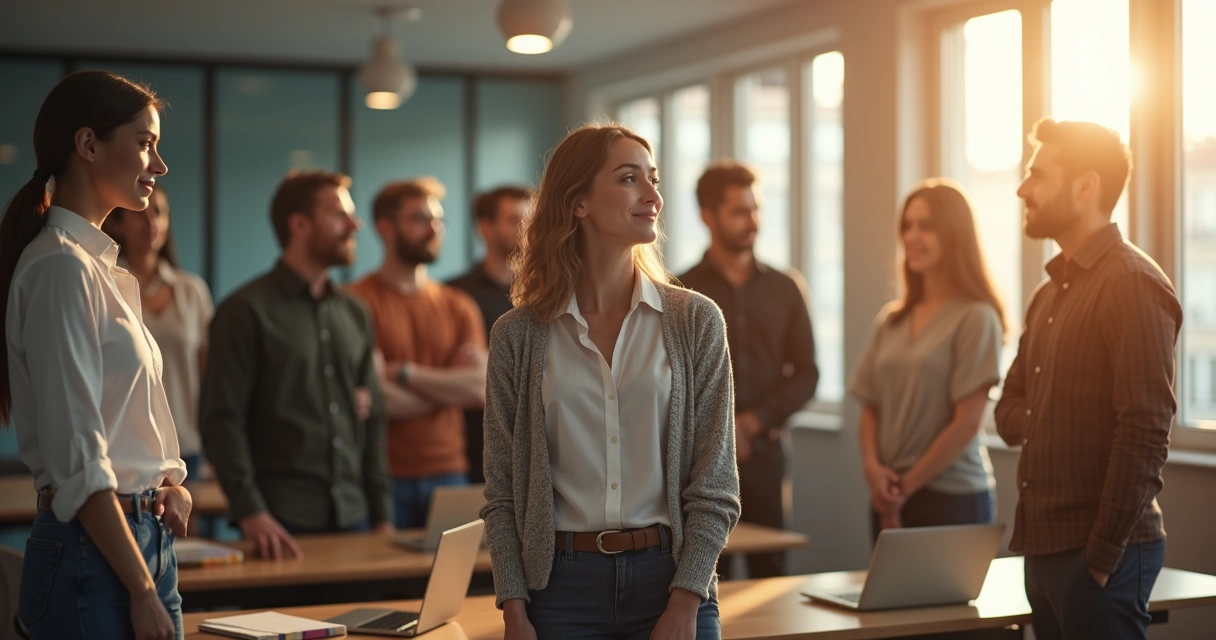 Diverse group of office workers standing together, some with reflective expressions on their faces, in a bright meeting room. 