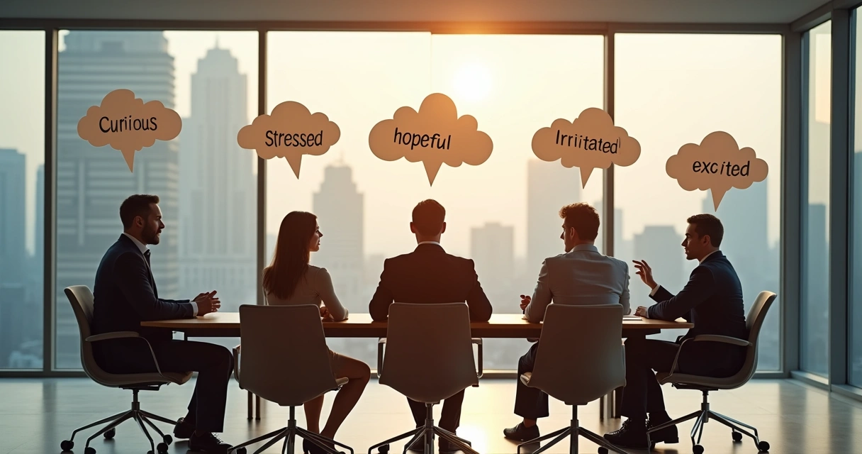 Business team meeting with illustrated emotional words above their heads